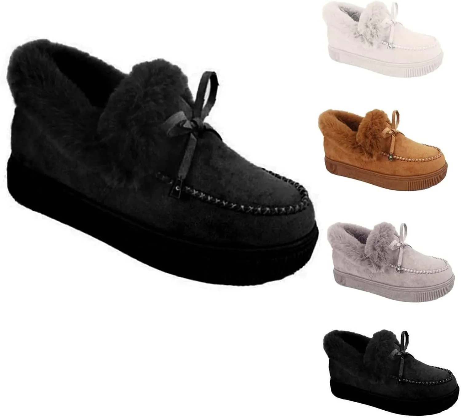 Women Winter Warm Faux Fur Lined Booties Ankle Moccasin Slippers Loafers Shoes (Black,10)
