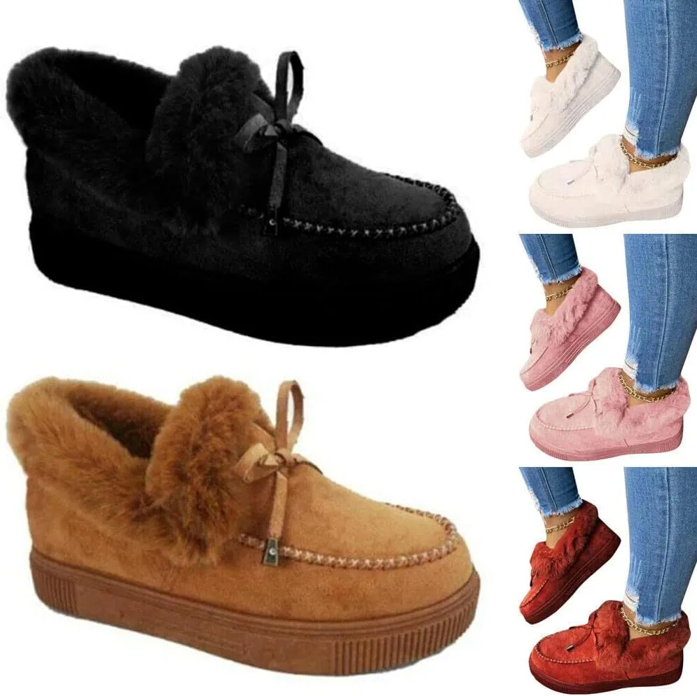 Women Winter Warm Faux Fur Lined Booties Ankle Moccasin Slippers Loafers Shoes (Black,10)