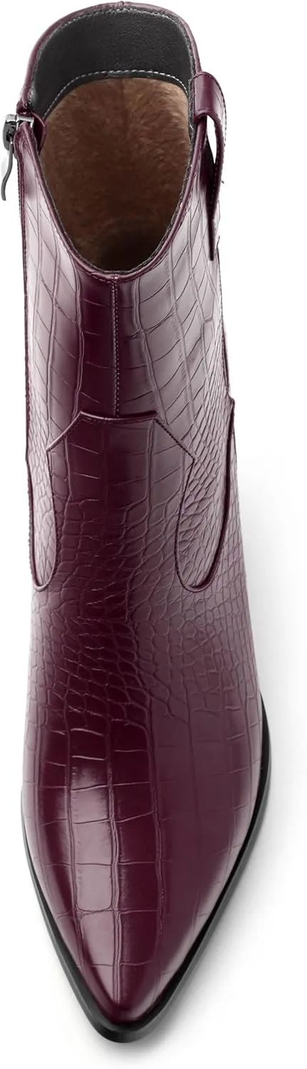 Womens Ankle Boots, Women Western Mid Calf Cowboy Boots Chunky Heel Side Zipper Pointed Toe Crocodile Cowgirl Short Boots Fall Winter Fashion Vintage Casual Dress Boots