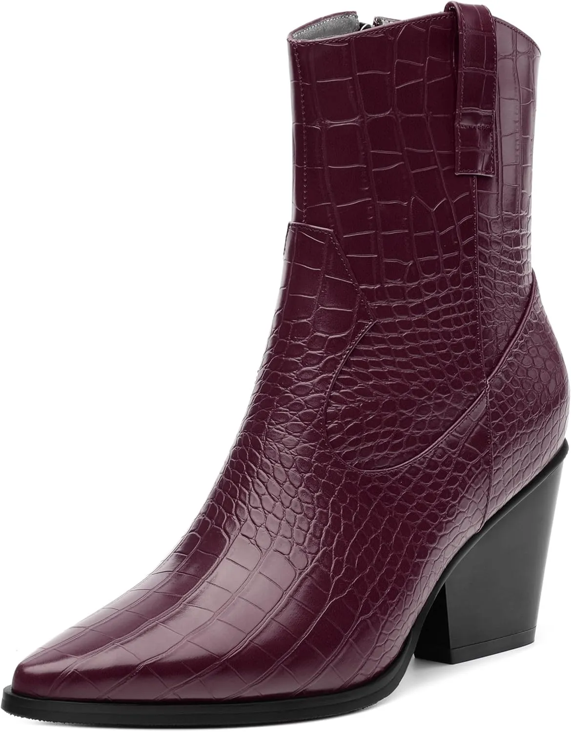 Womens Ankle Boots, Women Western Mid Calf Cowboy Boots Chunky Heel Side Zipper Pointed Toe Crocodile Cowgirl Short Boots Fall Winter Fashion Vintage Casual Dress Boots