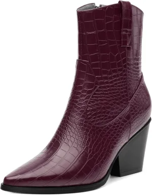 Womens Ankle Boots, Women Western Mid Calf Cowboy Boots Chunky Heel Side Zipper Pointed Toe Crocodile Cowgirl Short Boots Fall Winter Fashion Vintage Casual Dress Boots