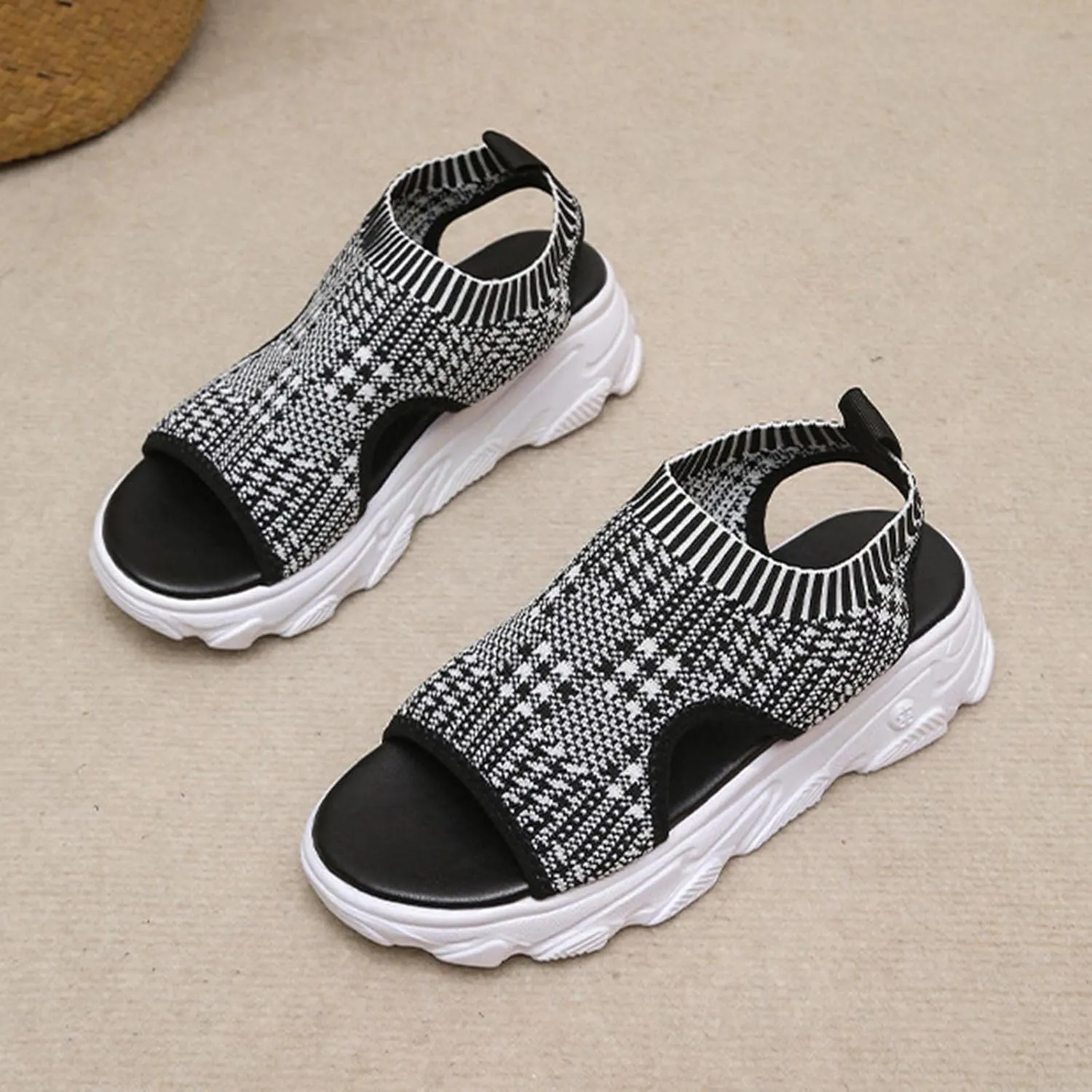 Women's Athletic Sport Sandals Thick Bottom Fish Mouth Beach Casual Sandals Comfy Sports Knit Sandals Mesh Soft Sole