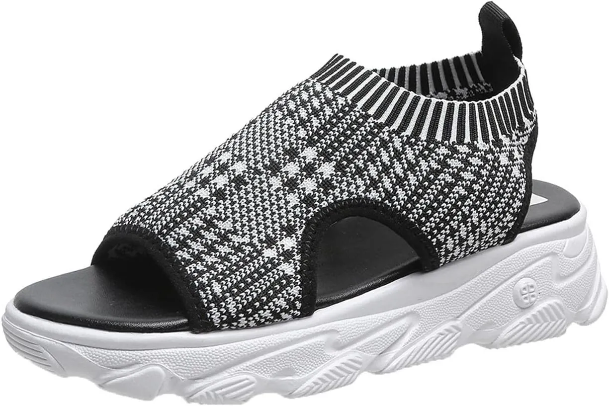 Women's Athletic Sport Sandals Thick Bottom Fish Mouth Beach Casual Sandals Comfy Sports Knit Sandals Mesh Soft Sole