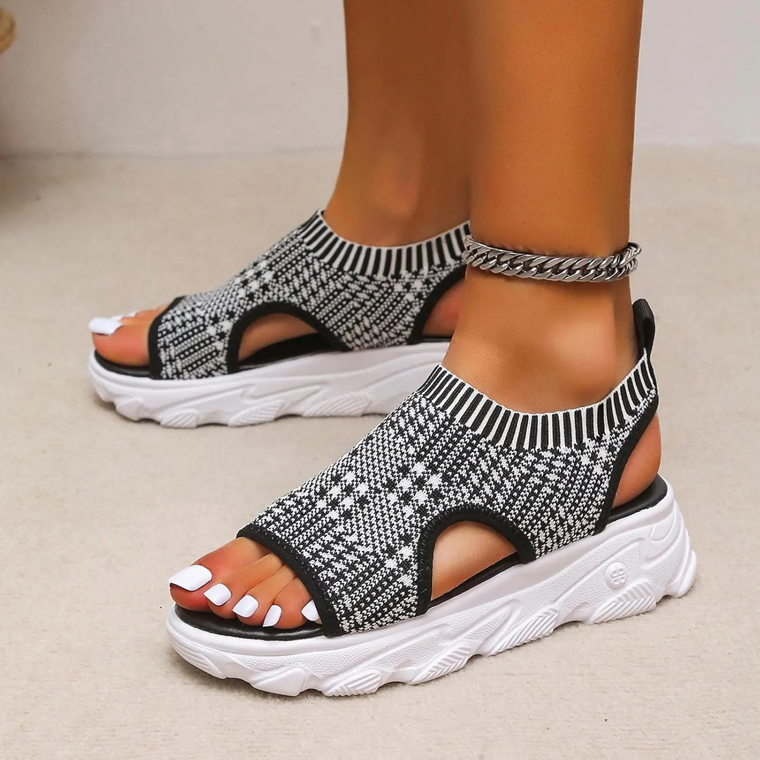 Women's Athletic Sport Sandals Thick Bottom Fish Mouth Beach Casual Sandals Comfy Sports Knit Sandals Mesh Soft Sole