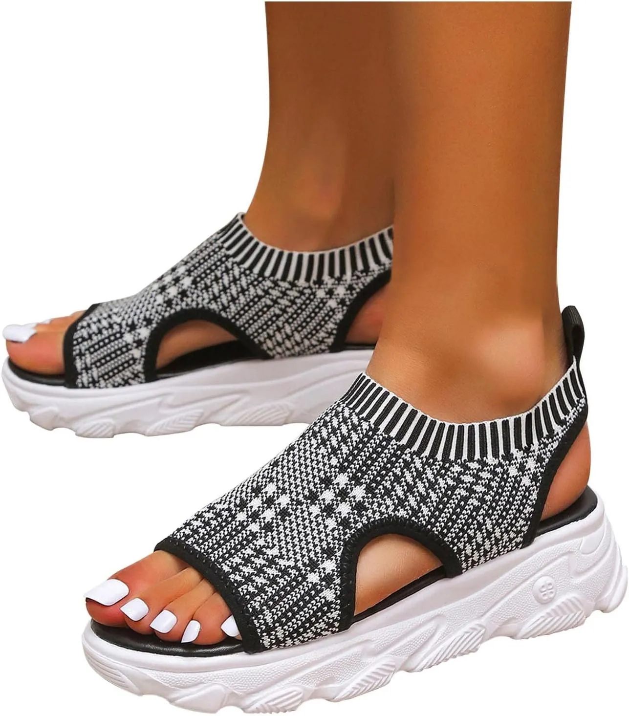 Women's Athletic Sport Sandals Thick Bottom Fish Mouth Beach Casual Sandals Comfy Sports Knit Sandals Mesh Soft Sole