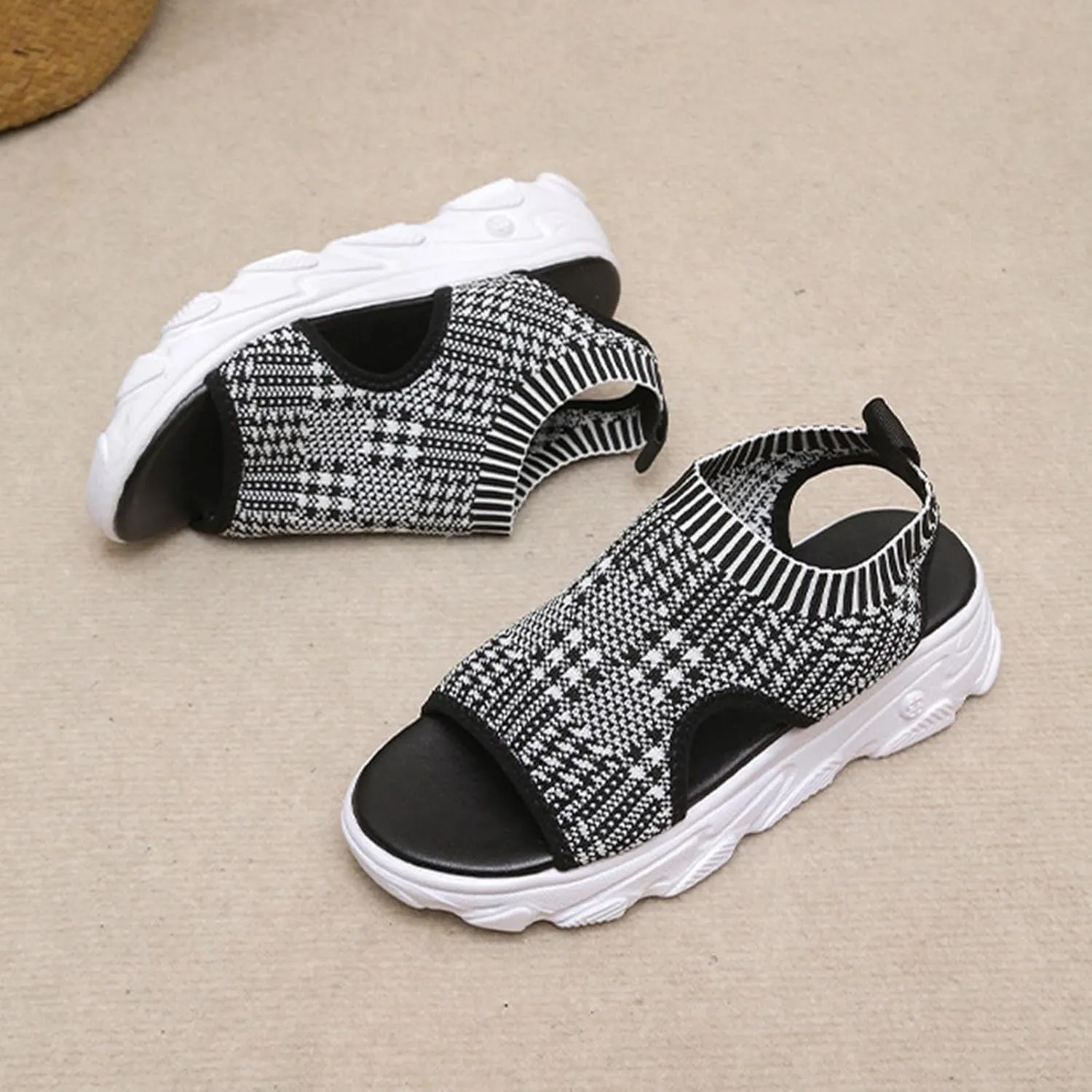 Women's Athletic Sport Sandals Thick Bottom Fish Mouth Beach Casual Sandals Comfy Sports Knit Sandals Mesh Soft Sole