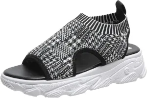 Women's Athletic Sport Sandals Thick Bottom Fish Mouth Beach Casual Sandals Comfy Sports Knit Sandals Mesh Soft Sole