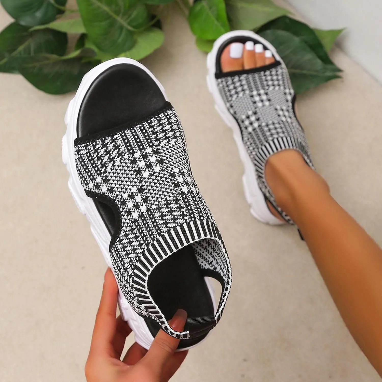 Women's Athletic Sport Sandals Thick Bottom Fish Mouth Beach Casual Sandals Comfy Sports Knit Sandals Mesh Soft Sole