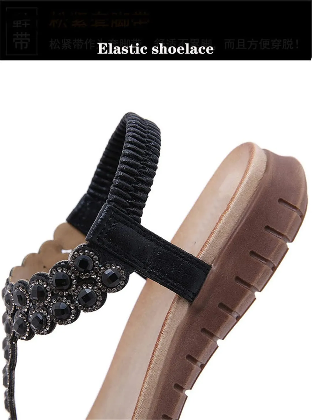 Women's Beaded Rhinestone Sandals Retro Soft Sole Casual Elastic Ankle Strap Flat Sandals Boho Style