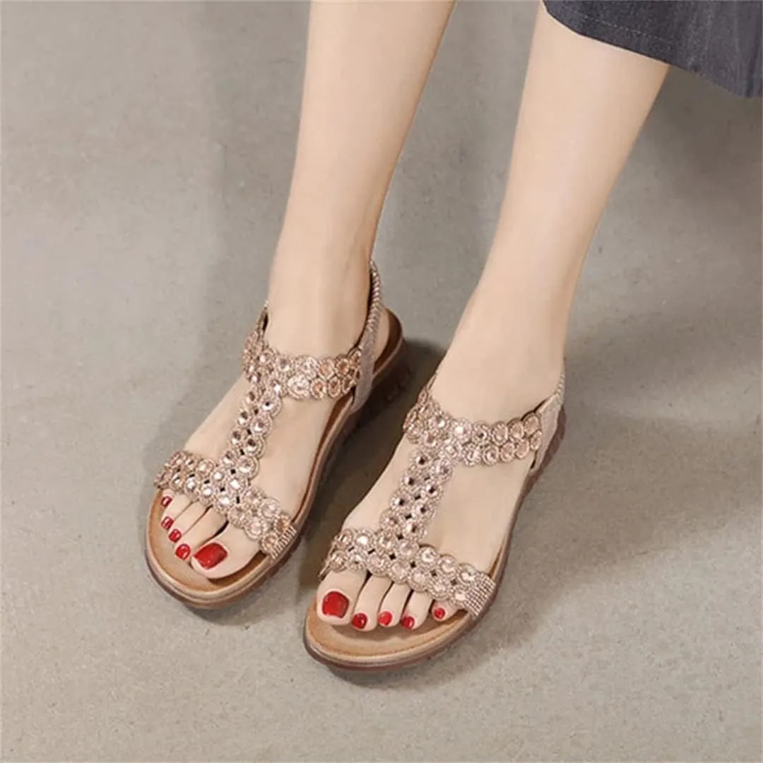 Women's Beaded Rhinestone Sandals Retro Soft Sole Casual Elastic Ankle Strap Flat Sandals Boho Style
