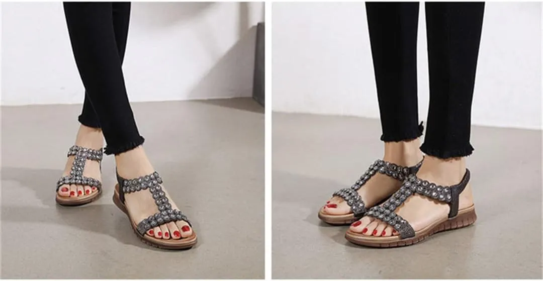 Women's Beaded Rhinestone Sandals Retro Soft Sole Casual Elastic Ankle Strap Flat Sandals Boho Style