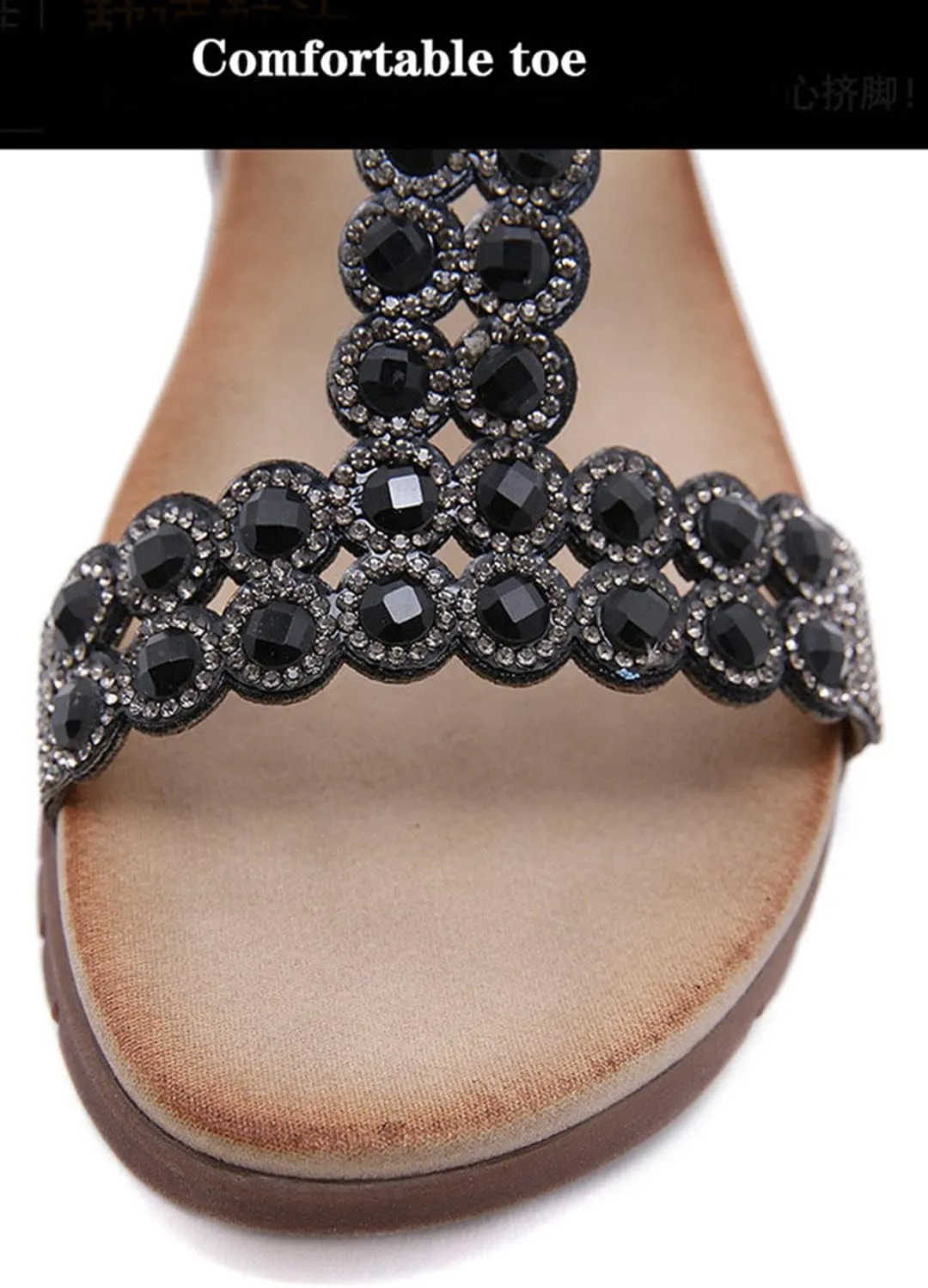 Women's Beaded Rhinestone Sandals Retro Soft Sole Casual Elastic Ankle Strap Flat Sandals Boho Style