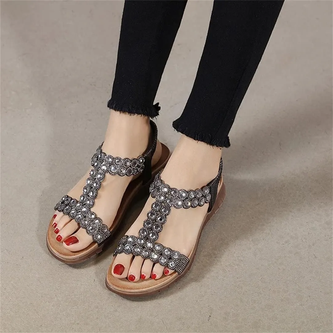 Women's Beaded Rhinestone Sandals Retro Soft Sole Casual Elastic Ankle Strap Flat Sandals Boho Style