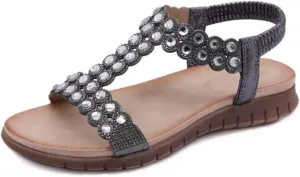Women's Beaded Rhinestone Sandals Retro Soft Sole Casual Elastic Ankle Strap Flat Sandals Boho Style