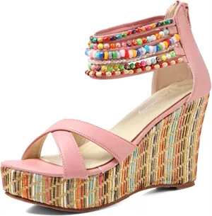 Women's Beaded Wedge Sandals Fashion Cross Round Toe Open Toe Slip On High Heels Shoe With Pearls Across The Top Platform Sandals Gladiator Summer Flat Sandal