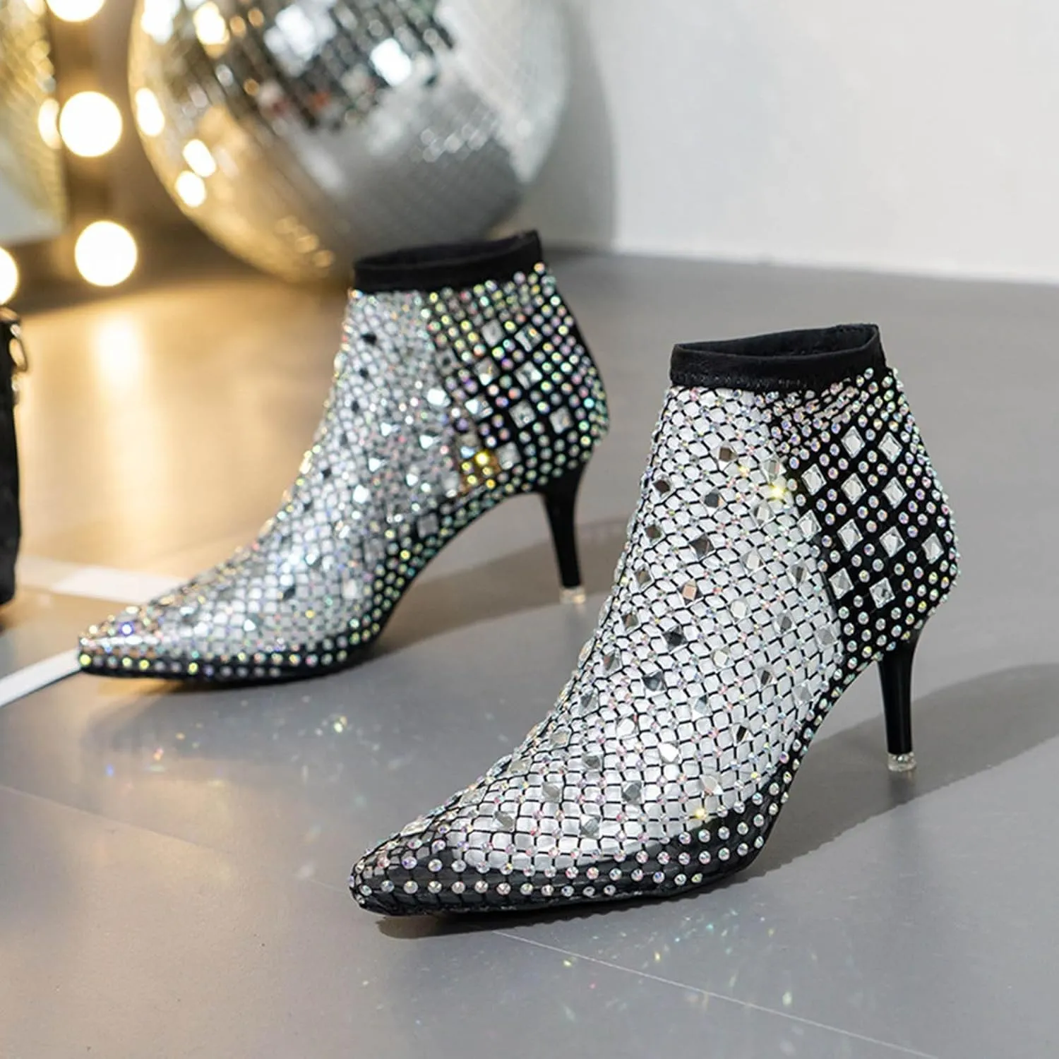 Women's Black Ankle Boot, Pointed Toe, Stiletto Heel, Rhinestone Embellished, Size 37, Mesh, All Seasons, Ankle-High Bootie