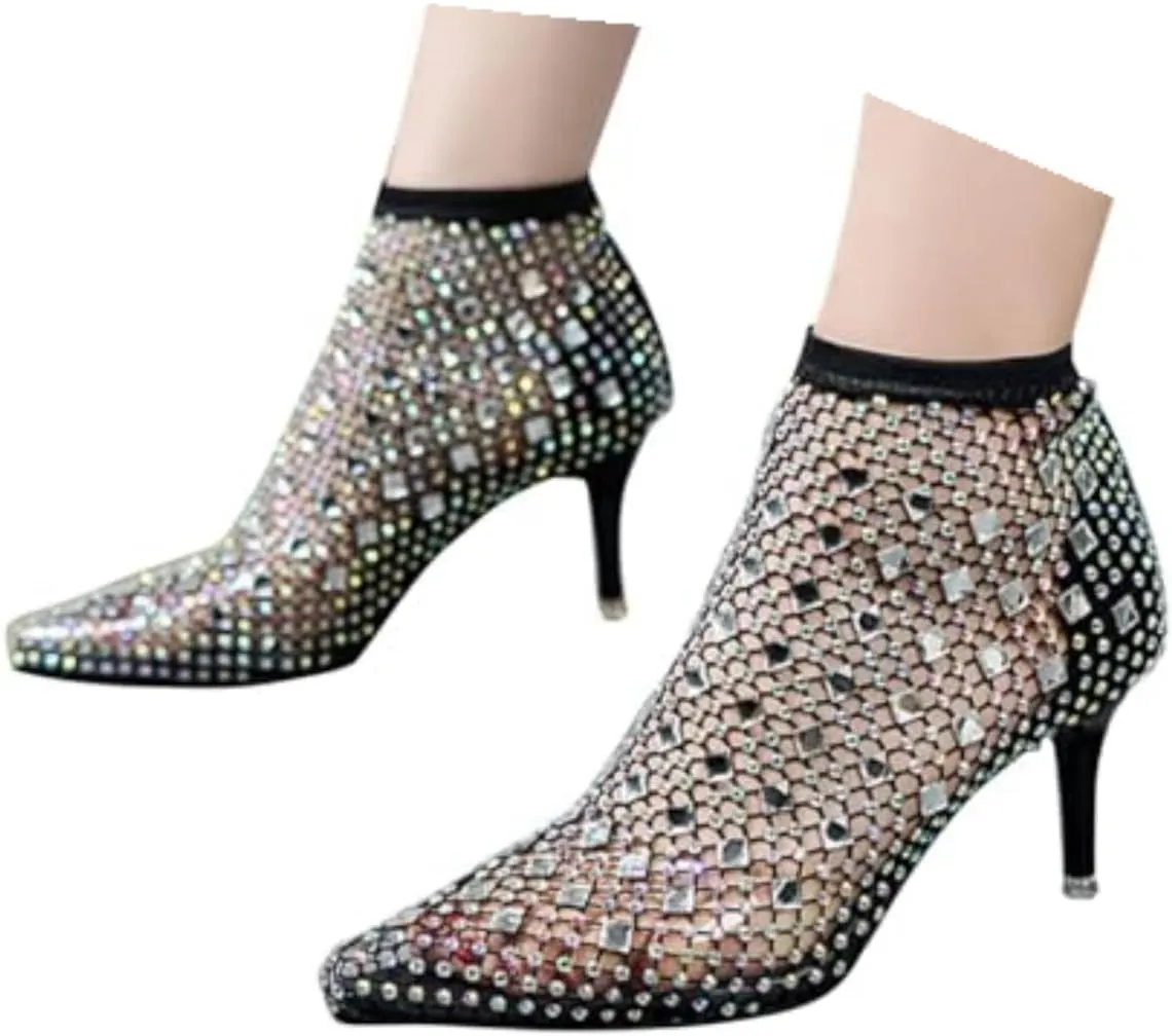 Women's Black Ankle Boot, Pointed Toe, Stiletto Heel, Rhinestone Embellished, Size 37, Mesh, All Seasons, Ankle-High Bootie