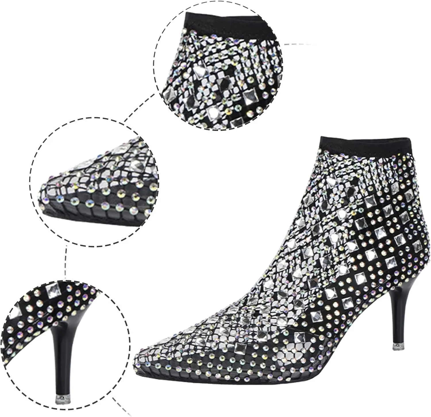 Women's Black Ankle Boot, Pointed Toe, Stiletto Heel, Rhinestone Embellished, Size 37, Mesh, All Seasons, Ankle-High Bootie