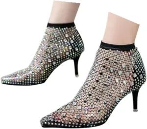 Women's Black Ankle Boot, Pointed Toe, Stiletto Heel, Rhinestone Embellished, Size 37, Mesh, All Seasons, Ankle-High Bootie