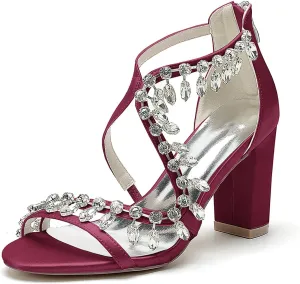 Women's Block Chunky Heel Sandals Ankle Strap Crystal Bridal Wedding Dress Shoes Open Toe Back Zipper Evening Prom Pump