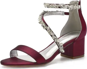 Women's Block Wedding Heels for Bride Chunky Heeled Sandals Rhinestones Bridal Shoes