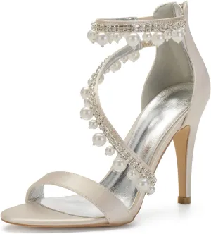 Women's Bridal Wedding Sandals High Heel Ankle Strap Pearl Zipper Back Formal Evening Prom Party Dress Satin Shoes Heels Pumps