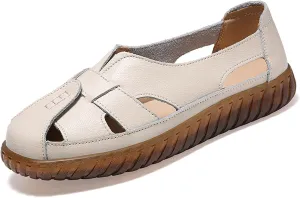 Women's Casual Bohemia Leather Fisherman Sandals,Flat Hollow Closed Toe Mary Jane Sandal,Summer Comfortable Soft Sole Non-Slip Slip On Loafer