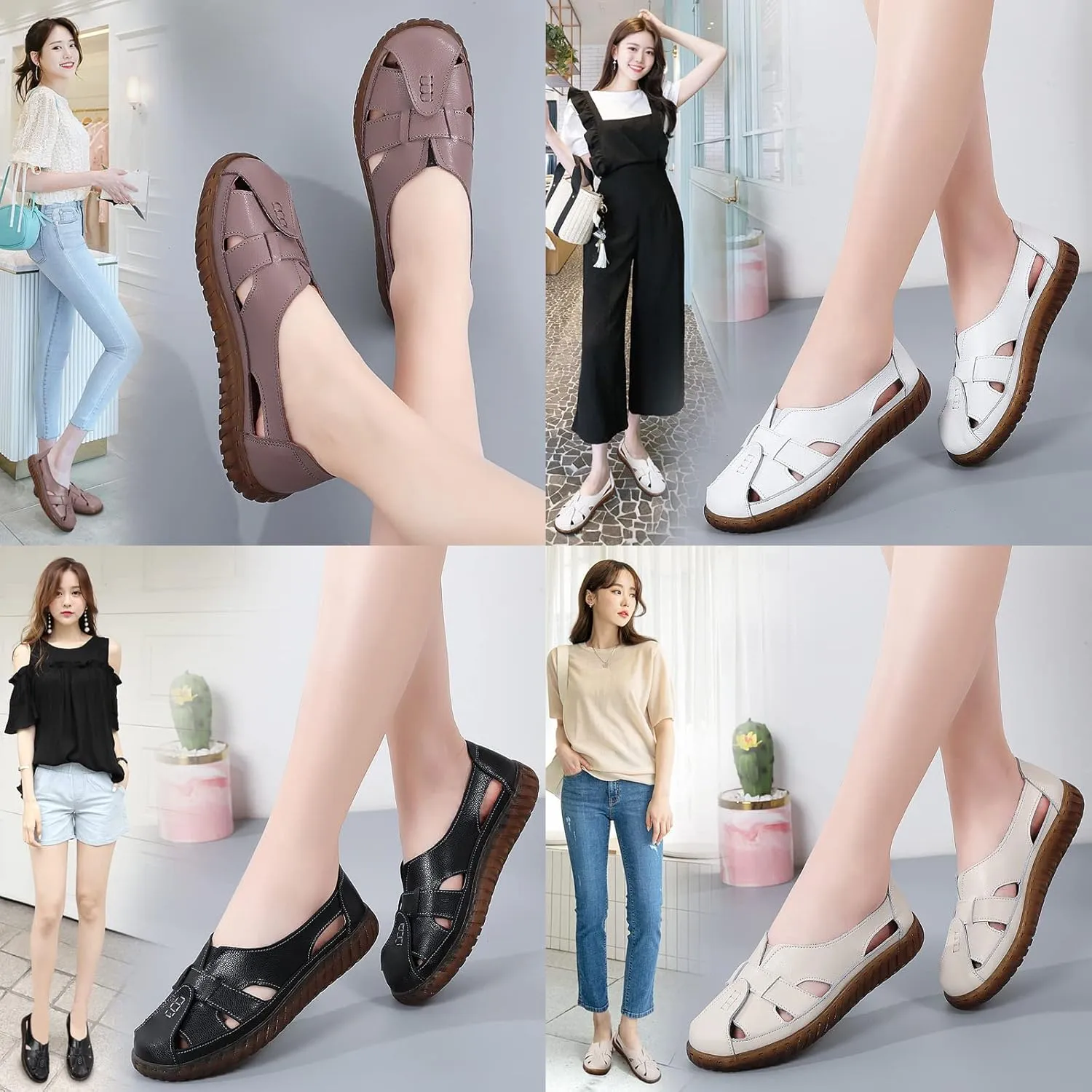 Women's Casual Bohemia Leather Fisherman Sandals,Flat Hollow Closed Toe Mary Jane Sandal,Summer Comfortable Soft Sole Non-Slip Slip On Loafer