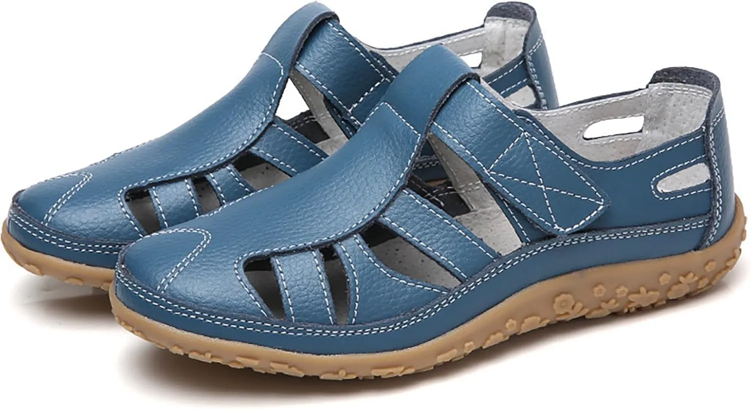 Women's Casual Boho Sandals Summer Leather Comfort Closed Toe Ankle Strap Beach Shoes Soft Sole Orthopedic Sandals