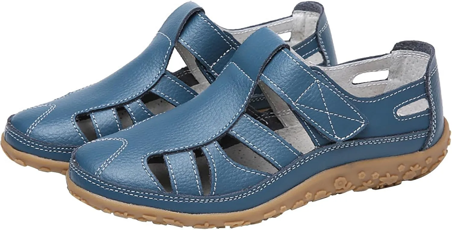 Women's Casual Boho Sandals Summer Leather Comfort Closed Toe Ankle Strap Beach Shoes Soft Sole Orthopedic Sandals