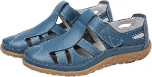 Women's Casual Boho Sandals Summer Leather Comfort Closed Toe Ankle Strap Beach Shoes Soft Sole Orthopedic Sandals