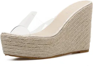 Women's Clear Strap Wedges Platform Sandals Round Open Toe Slip on High Heel Slides Sandals Summer Beach Walking Casual Slides