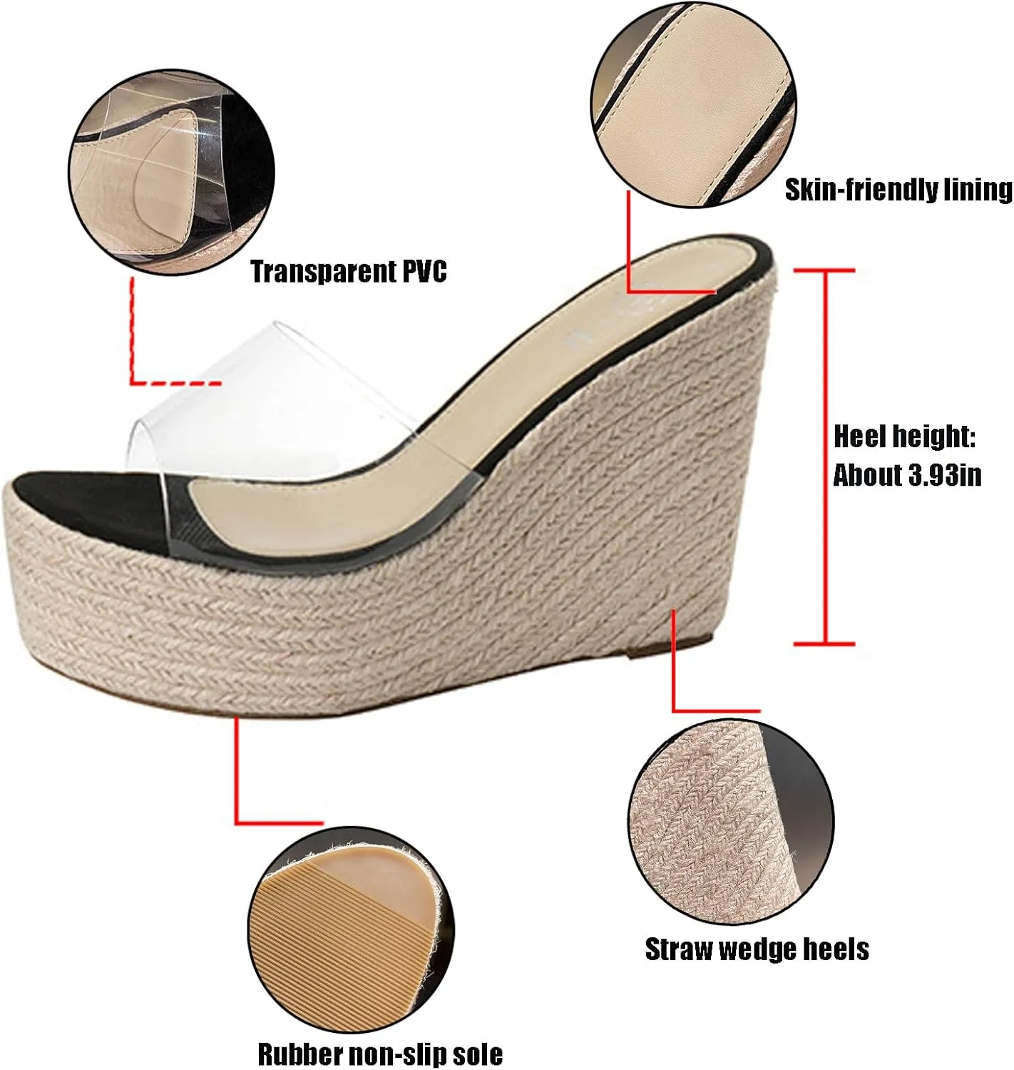 Women's Clear Strap Wedges Platform Sandals Round Open Toe Slip on High Heel Slides Sandals Summer Beach Walking Casual Slides