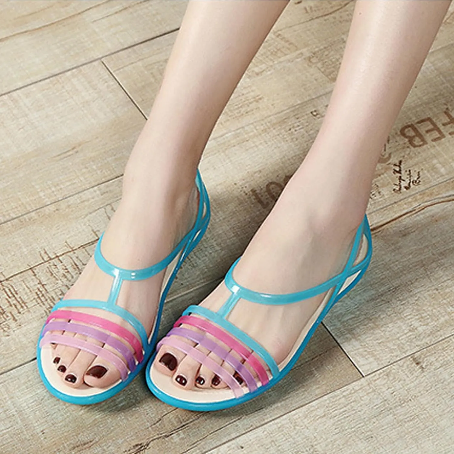 Women's Colorful Neon Jelly Flat Sandals,Summer Open Toe T-Strap Rainbow Slip On Soft Sole Walking Beach Casual Loose Flat Low Heel Jellies Sandals