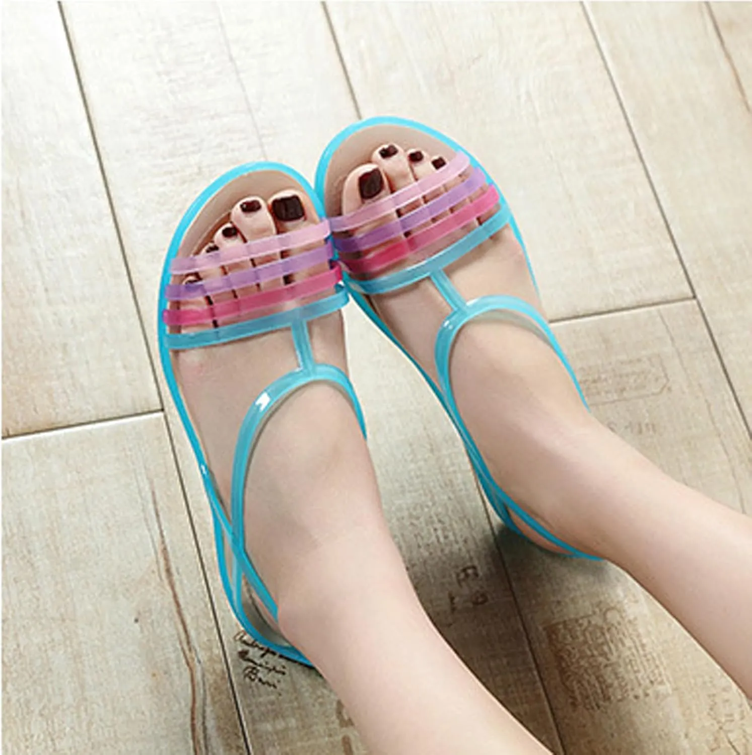 Women's Colorful Neon Jelly Flat Sandals,Summer Open Toe T-Strap Rainbow Slip On Soft Sole Walking Beach Casual Loose Flat Low Heel Jellies Sandals