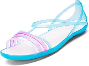 Women's Colorful Neon Jelly Flat Sandals,Summer Open Toe T-Strap Rainbow Slip On Soft Sole Walking Beach Casual Loose Flat Low Heel Jellies Sandals