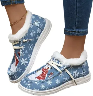 Women's Comfort Plush Snowman Canvas Ankle Boots,Winter Warm Lightweight Non-Slip Suede Cotton Lined Flat Snow Boots(Blue,7)