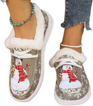 Women's Comfort Plush Snowman Canvas Ankle Boots,Winter Warm Lightweight Non-Slip Suede Cotton Lined Flat Snow Boots(Brown,7)