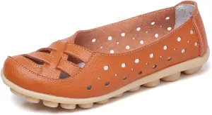 Women's Comfortable Leather Loafers Slip On Walking Flats Casual Round Toe Moccasins Wild Nurse Orthopedic in Hollow Sandals Summer Slip-On 2025 Driving Breathable Fashion Soft Shoes