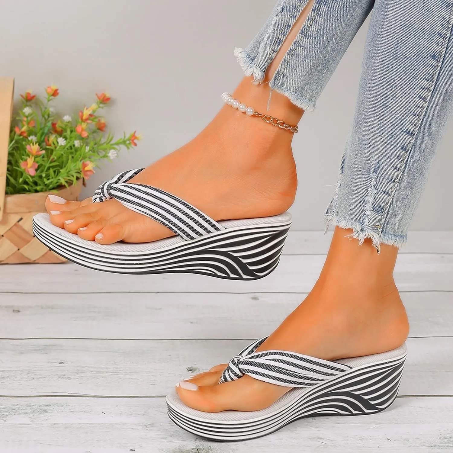 Womens Dressy Wedge Flip Flops Striped Clip Toe Sandals Summer Beach Walking Slippers Arch Support Low Wedges Thong Sandal