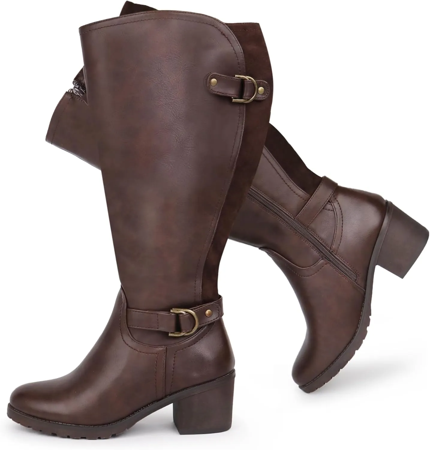 Women's Extra Wide Calf Knee High Riding Boots with Block Heel and Decorated Double Buckle