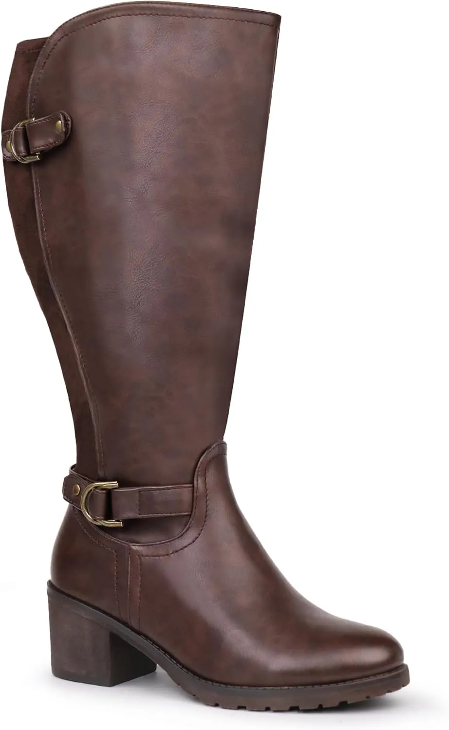 Women's Extra Wide Calf Knee High Riding Boots with Block Heel and Decorated Double Buckle