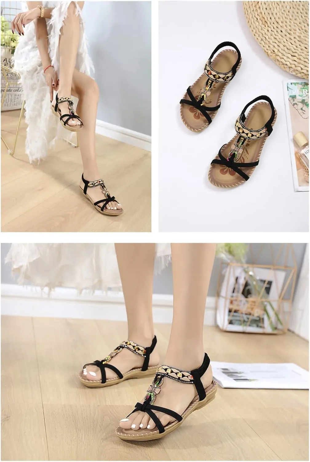 Women's Fashion Braided Flat Sandals Summer Beach Vintage Walking Flats Walking Shoes with Slingback and Soft Sole