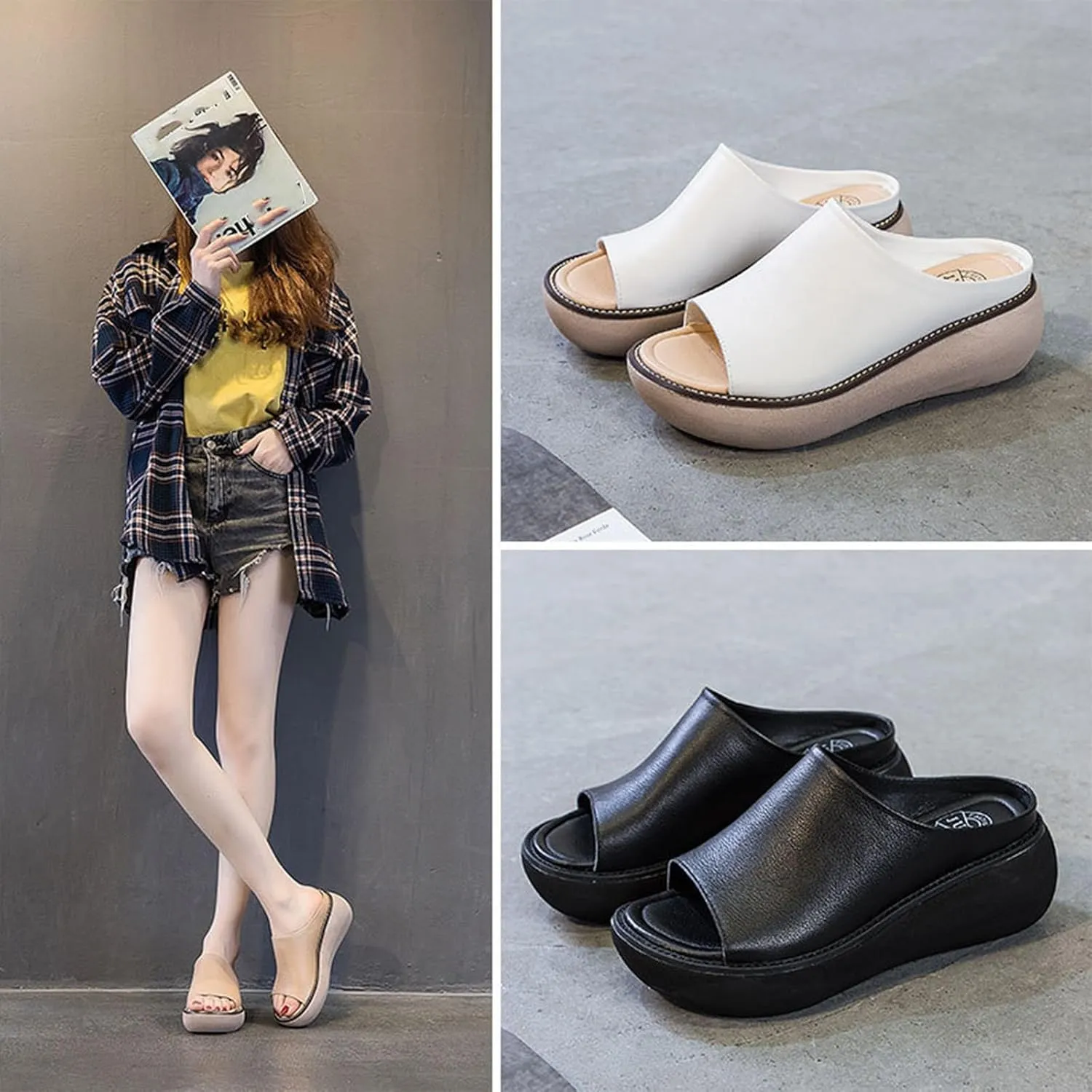 Women's Fashion Cowhide Leather Platform Sandals Comfy Soft Open Toe Slip On Wedge Casual Slides Summer Beach Lightweight Flatform Chunky Sandals
