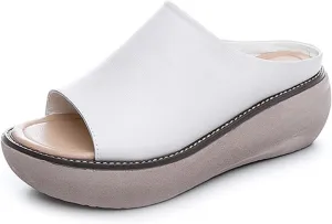 Women's Fashion Cowhide Leather Platform Sandals Comfy Soft Open Toe Slip On Wedge Casual Slides Summer Beach Lightweight Flatform Chunky Sandals