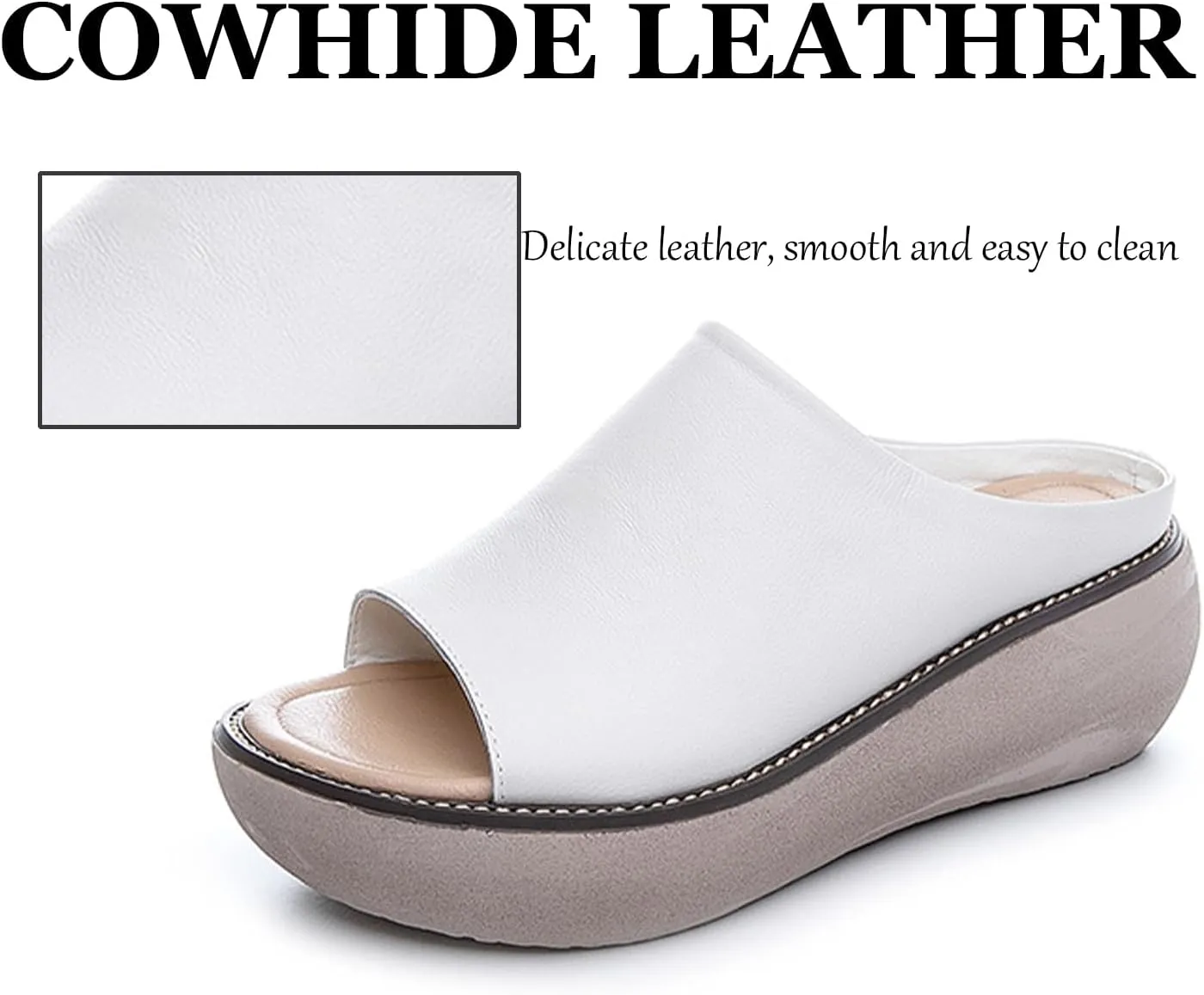 Women's Fashion Cowhide Leather Platform Sandals Comfy Soft Open Toe Slip On Wedge Casual Slides Summer Beach Lightweight Flatform Chunky Sandals