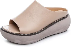 Women's Fashion Cowhide Leather Platform Sandals Comfy Soft Open Toe Slip On Wedge Casual Slides Summer Beach Lightweight Flatform Chunky Sandals