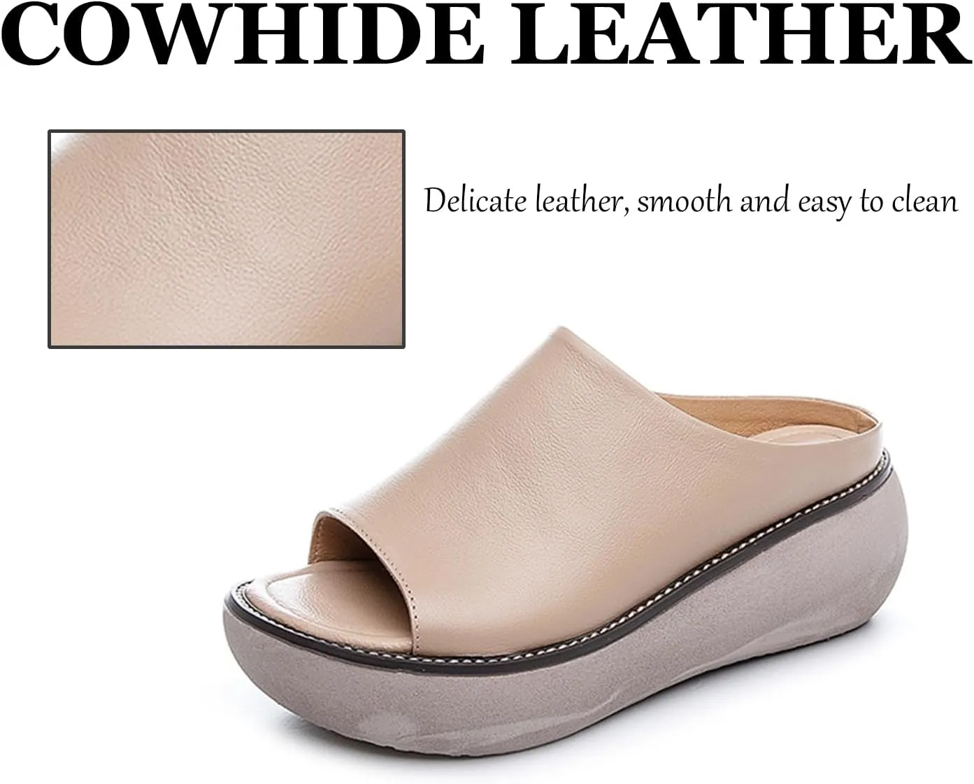 Women's Fashion Cowhide Leather Platform Sandals Comfy Soft Open Toe Slip On Wedge Casual Slides Summer Beach Lightweight Flatform Chunky Sandals