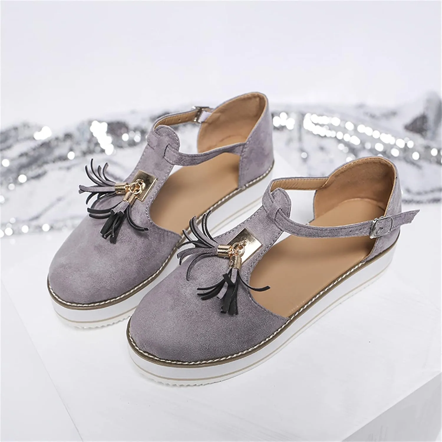 Women's Flatform Sandals,Soft Sole Comfy Flats Platform Tassels Canvas Shoes Closed Toe Sandal Summer Casual Suede Loafers
