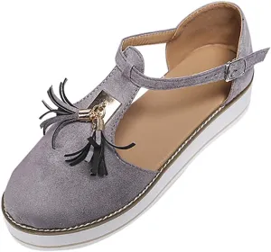 Women's Flatform Sandals,Soft Sole Comfy Flats Platform Tassels Canvas Shoes Closed Toe Sandal Summer Casual Suede Loafers